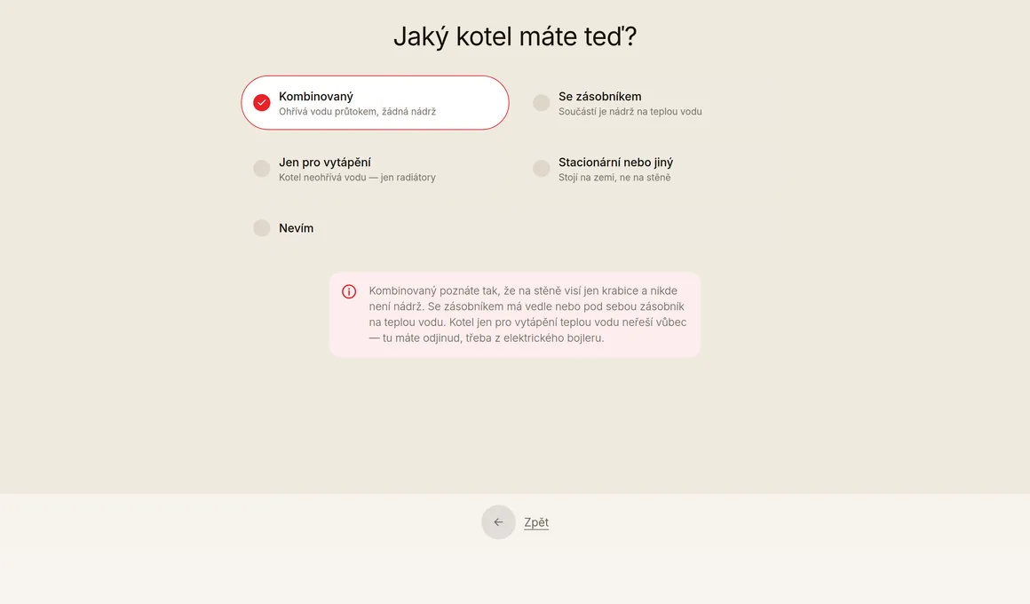 Obrazovka kalkulace Mapletop: otázka na typ kotle