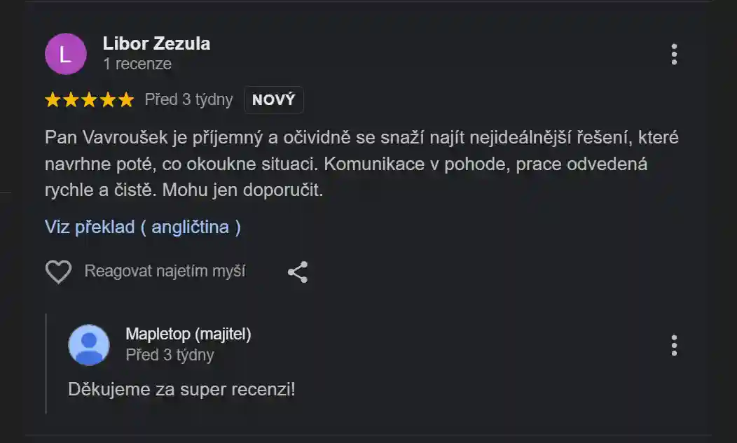 Recenze od Libora Zezuly na topenářské služby Mapletop