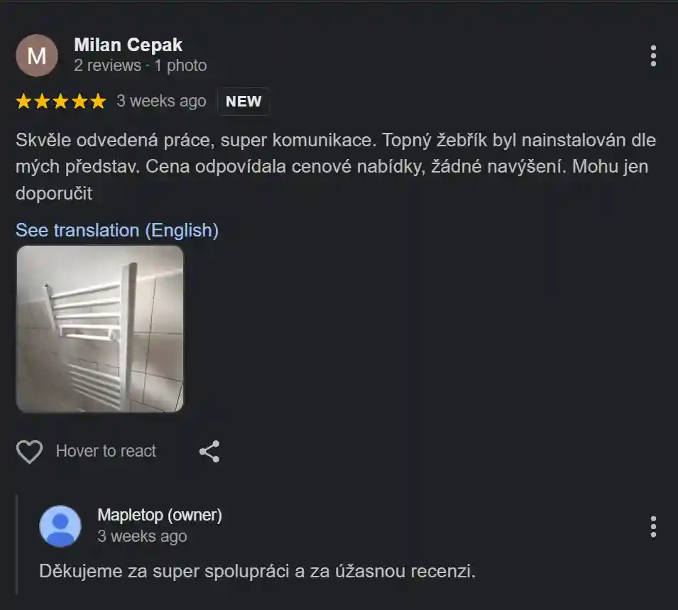 Recenze od Milana Cepáka na návrh topení Mapletop